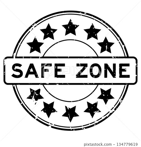 Grunge black safe zone word with star icon round rubber seal stamp on white background Grunge black safe zone word with star icon round rubber seal stamp on white background 134779619