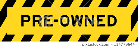 Yellow and black color with line striped label banner with word pre-owned 134779644