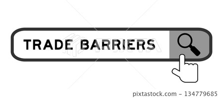 Search banner in word trade barriers with hand over magnifier icon on white background 134779685