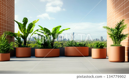 Modern balcony with potted plants against a city skyline. 134779902