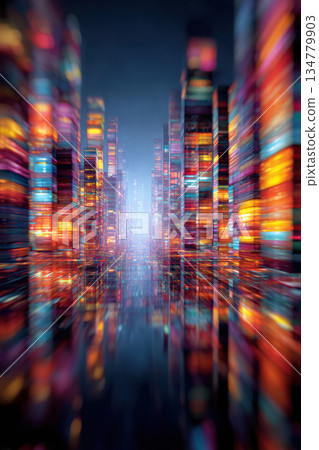 Colorful cityscape with reflections and lights Colorful cityscape with reflections and lights 134779903