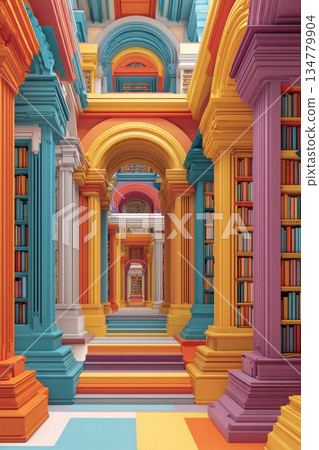 Colorful library with vibrant architecture and books 134779904
