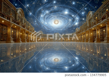 Stunning library with cosmic ceiling and reflective floor Stunning library with cosmic ceiling and reflective floor 134779905