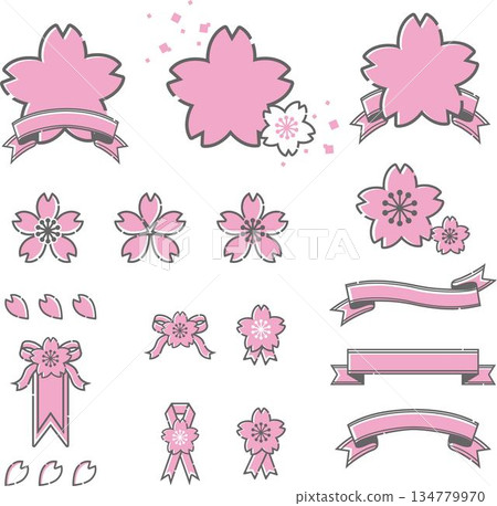 Sakura-themed frame, decoration and ribbon design material set 134779970