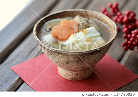 Japanese New Year's dish: Ozoni with grilled square rice cakes Japanese New Year's dish: Ozoni with grilled square rice cakes 134780029