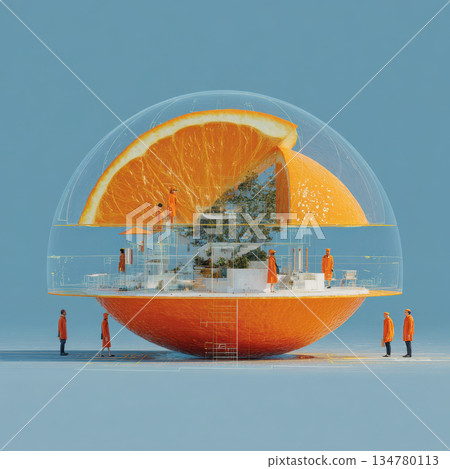 Orange slice house with people in orange coats under glass dome 134780113