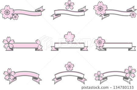 Sakura-themed frame, decoration and ribbon design material set 134780133