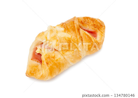Delicious savory bread, ham and cheese Danish [white background, cutout] 134780146