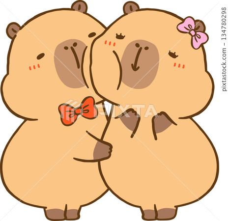 Kawaii Valentine Capybara Couple Hugging and Kissing Cartoon Hand Drawn Illustration Kawaii Valentine Capybara Couple Hugging and Kissing Cartoon Hand Drawn Illustration 134780298