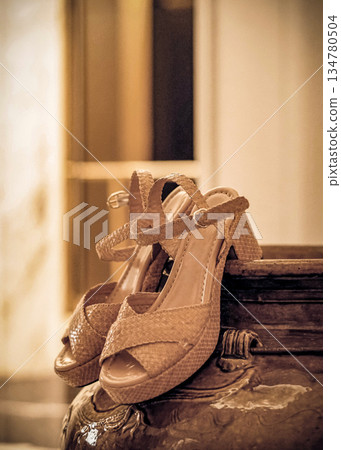 Stylish and highly fashionable woman high heeled shoes with trendy accessories, captured on a colorful background, exuding luxury and elegance perfect for wedding or formal outfit inspiration Stylish and highly fashionable woman high heeled shoes with trendy accessories, captured on a colorful background, exuding luxury and elegance perfect for wedding or formal outfit inspiration 134780504