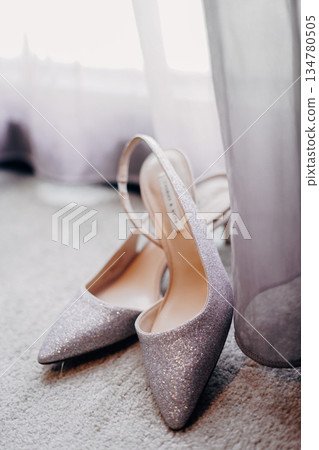 Stylish and highly fashionable woman high heeled shoes with trendy accessories, captured on a colorful background, exuding luxury and elegance perfect for wedding or formal outfit inspiration Stylish and highly fashionable woman high heeled shoes with trendy accessories, captured on a colorful background, exuding luxury and elegance perfect for wedding or formal outfit inspiration 134780505