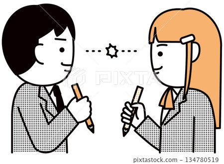 高中男生女生,競爭對手互相凝視著 高中男生女生,競爭對手互相凝視著 134780519