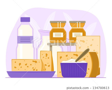 Yogurt, Cheeses and Fresh Plain Milk for Dairy Product and Healthy Nutrient Foods Concept Illustration Yogurt, Cheeses and Fresh Plain Milk for Dairy Product and Healthy Nutrient Foods Concept Illustration 134780613