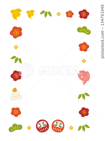 New Year's Daruma and pine, bamboo, and plum frame, white background New Year's Daruma and pine, bamboo, and plum frame, white background 134781048