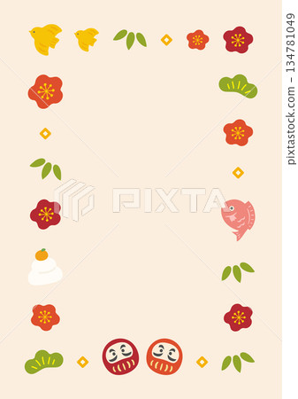 New Year's Daruma and Pine, Bamboo, and Plum Frame, Beige Background New Year's Daruma and Pine, Bamboo, and Plum Frame, Beige Background 134781049