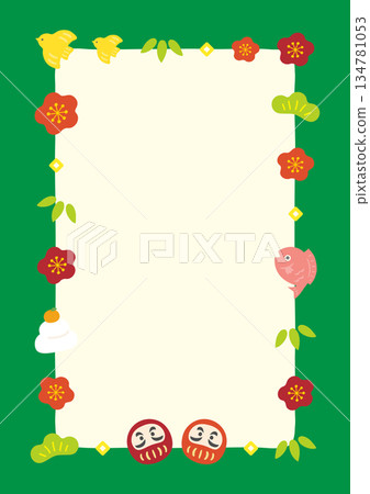 New Year's Daruma and Pine, Bamboo, and Plum Frame, Green Decorative Frame 134781053