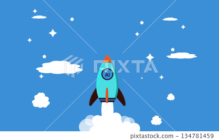 AI Technology Startup Rocket Launching into Cloudy Sky Flat Design 134781459