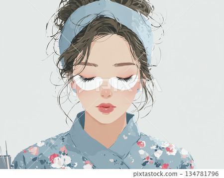 一位女士在做睫毛嫁接時放鬆休息——眼部美容護理圖片 134781796