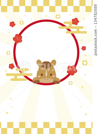 可愛駿馬新年賀卡 格子金 134782089