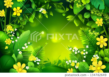Lush Green Tropical Foliage Vibrant Yellow Flowers plant bloom fresh vivid image 134782649