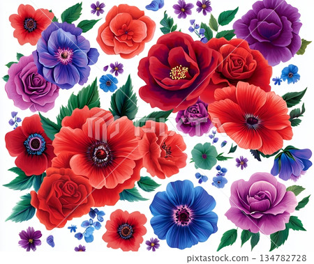 Vibrant Red Purple Floral Bouquet Colorful Flowers art rose lush rich poppy 134782728