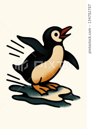 an AI Image Generator, Playful Penguin Surfs Ice Patch With Green Scarf 134782787