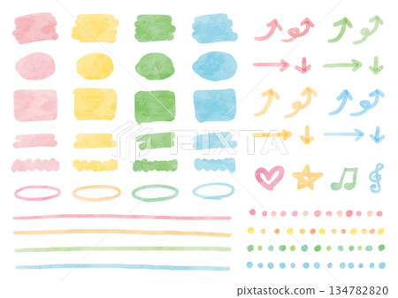 一組四幅水彩粉彩色邊框、箭頭和線條 一組四幅水彩粉彩色邊框、箭頭和線條 134782820