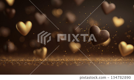 一張夢幻般的情人節背景圖，上麵點綴著閃閃發光的金色愛心。 134782890