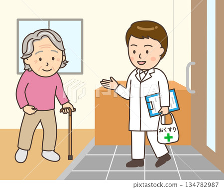 A male pharmacist visits a home for home medical care and an elderly woman greets him at the entrance A male pharmacist visits a home for home medical care and an elderly woman greets him at the entrance 134782987