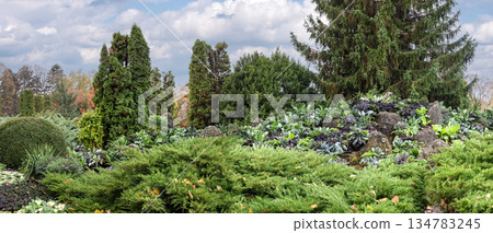 Lush Green Landscape Panorama Of Iasi Botanical Garden In Romania 134783245