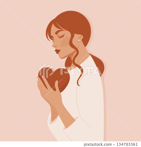Beautiful woman holding red heart in her hands as symbol of self love and mental health support flat vector illustration. 134783361