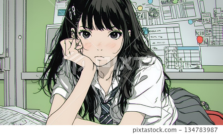 "It's boring," says a sulky high school girl in uniform. 134783987