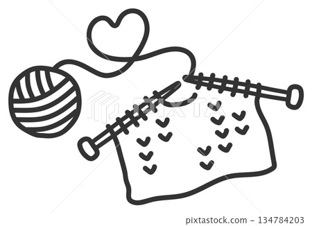 Knitting yarn Autumn/winter hand-drawn illustration, black lines Knitting yarn Autumn/winter hand-drawn illustration, black lines 134784203