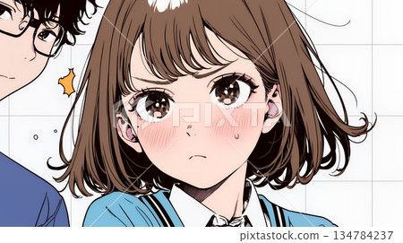 A high school girl with a surprised expression saying "Huh?" A high school girl with a surprised expression saying "Huh?" 134784237