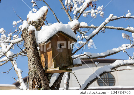 鳥屋屋頂上積滿了雪。 134784705