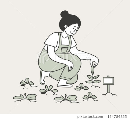 Woman Gardener Tending to Seedlings in Garden. Minimalist Hand Drawn Doodle of Girl Planting Sprouts with Green Accents. Vector illustration. Not AI Woman Gardener Tending to Seedlings in Garden. Minimalist Hand Drawn Doodle of Girl Planting Sprouts with Green Accents. Vector illustration. Not AI 134784835