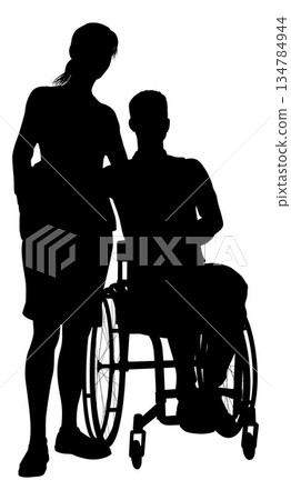 Silhouette Couple Woman Man in Wheelchair Silhouette Couple Woman Man in Wheelchair 134784944