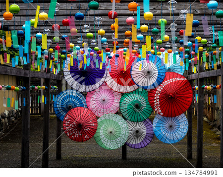 Wind chimes and colorful Japanese umbrellas Wind chimes and colorful Japanese umbrellas 134784991