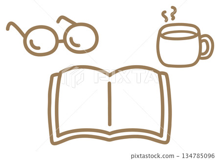 手繪插圖，描繪了一本書和一杯咖啡，以棕色筆觸繪製。 134785096