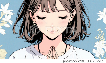 年輕女子雙手合十祈禱 134785544