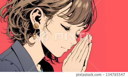 年輕女子雙手合十祈禱 134785547