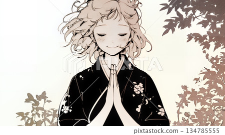 A young woman in a kimono praying with her hands together (simple colors) 134785555