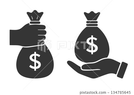 Silhouette icon of a hand holding a bag of money (dollars) Silhouette icon of a hand holding a bag of money (dollars) 134785645