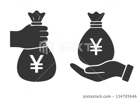 Circle silhouette icon of a hand holding a money bag Circle silhouette icon of a hand holding a money bag 134785646