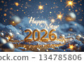Festive Golden Happy New 2026 Holiday Greeting: 3D Sparkling Stars, Snowflakes, Glittering Particles, Dreamy Winter Aura for Celebration Cards, Party Banners, Seasonal Invites, Joyful Posters 134785806