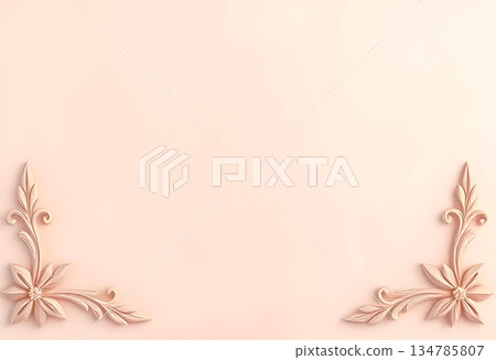 Elegant 3D Corner Frames: Delicate Pinkish-Beige Leaves, Flowers and Swirling Vines Forming Vintage-Style Borders on Soft Neutral Background 134785807