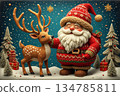 3D Knitted Santa Claus and Reindeer Christmas Scene Background: Santa in Red Sweater and Spotted Deer, Wrapped Gifts, Snowy Pine Trees, Twinkling Stars and Winter Wonderland on Blue Night Background 134785811