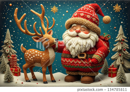 3D Knitted Santa Claus and Reindeer Christmas Scene Background: Santa in Red Sweater and Spotted Deer, Wrapped Gifts, Snowy Pine Trees, Twinkling Stars and Winter Wonderland on Blue Night Background 134785811