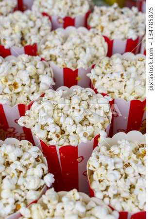 Popcorn Buckets in Striped Red and White Containers. High quality photo 134785876