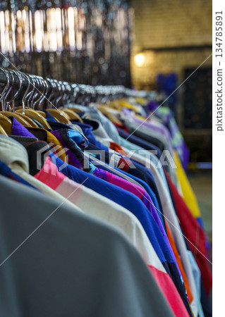 Colorful variety of vintage apparel and second-hand clothes hanging on a rack in a thrift shop or flea market. This image captures the concept of sustainable fashion, retro style, and the treasure Colorful variety of vintage apparel and second-hand clothes hanging on a rack in a thrift shop or flea market. This image captures the concept of sustainable fashion, retro style, and the treasure 134785891